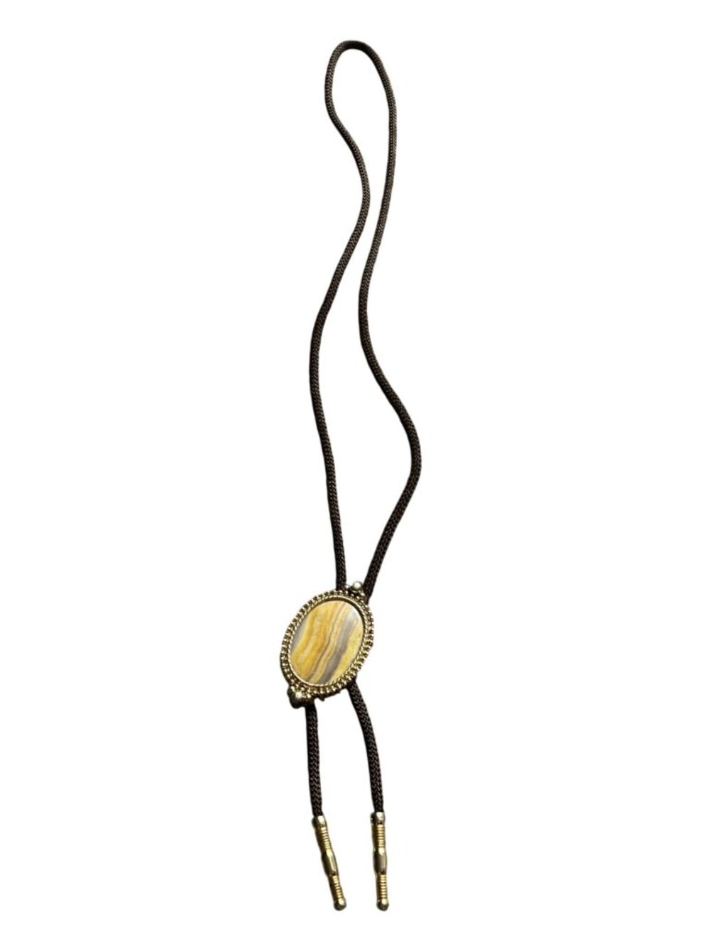 Vintage Western Bolo Tie With Yellow Stone Oval Pendant & Braided Cord